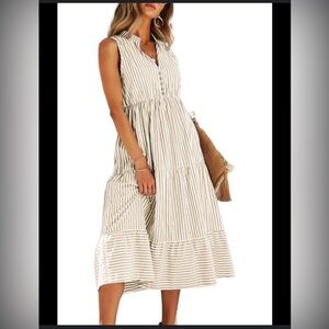 Green Striped Print Notched Neck A-line Dress